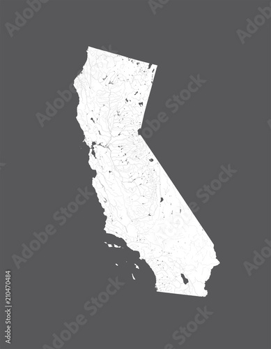 U.S. states - map of California. Please look at my other images of cartographic series - they are all very detailed and carefully drawn by hand WITH RIVERS AND LAKES.
