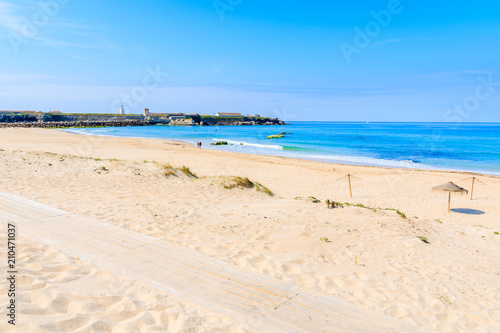 View of idyllic sandy Tarifa beach  Andalusia  Spain