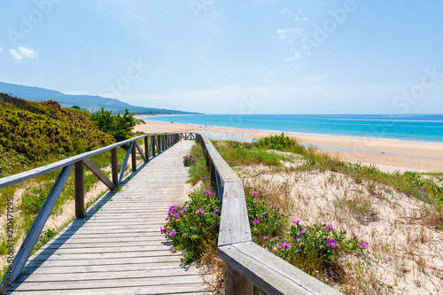 Wooden coastal promenade along Bolonia beach  Andalusia  Spain
