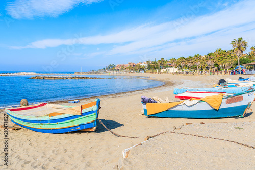 Fishing boats on beautiful beach near Marbella, Andalusia, Spain