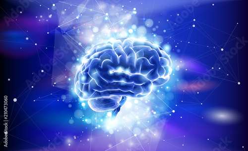 Human brain on a blue technological background surrounded by information fields, neural networks, Internet webs - the concept of modern technology, biotechnology, artificial intelligence / vector draw