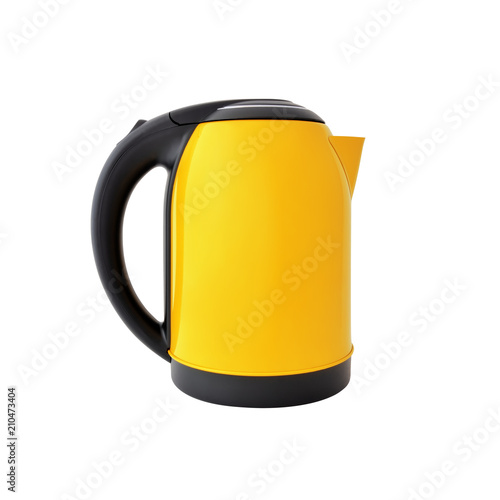 Yellow kettle isolated on white photo