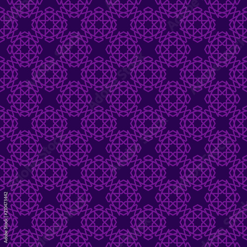 Eastern lace seamless pattern with stars in purple colors. Traditional Islamic girih tiles. Vector Illustration. Background for festive design of Ramadan Kareem, Eid mubarak. All isolated, layered