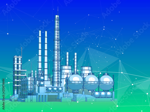 modern chemical manufacturing plant on a blue technological background with a stylized digital wave - the concept of modern technology, the new industrial revolution & information technology / vector