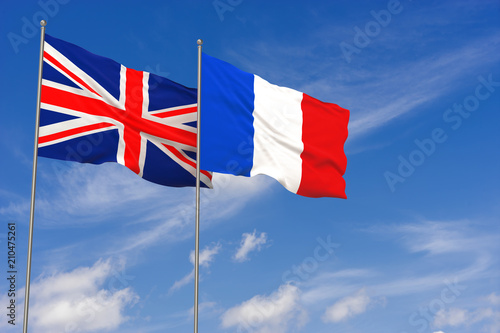 United Kingdom and France flags over blue sky background. 3D illustration