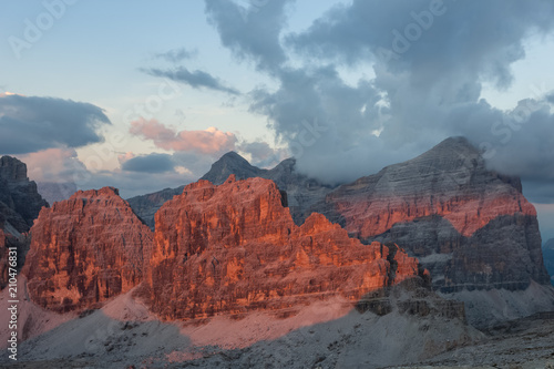 Awesome enrosadira effect on Tofane and Lagazuoi peaks, Lagazuoi, veneto, Italy