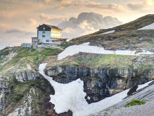 DOLOMITES, ITALY - May 26, 2018: Refugio Auronzo, Alpine hut 2333m photo