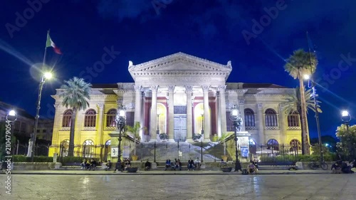 Night view of Teatro Massimo in Palermo, Sicily, Italy. Teatro Massimo Vittorio Emanuele opera house is the biggest in Italy and third largest of Europe. Time Lapse photo