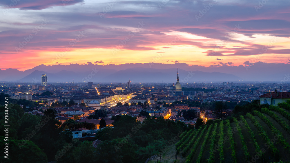 Turin high definition panorama at sunset with Mole Antonelliana