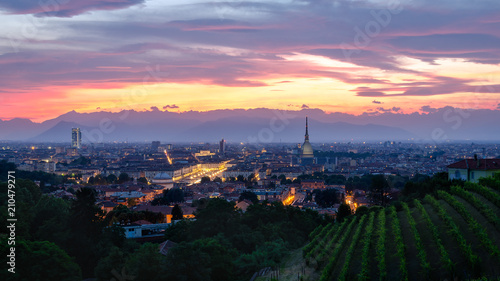 Turin high definition panorama at sunset with Mole Antonelliana