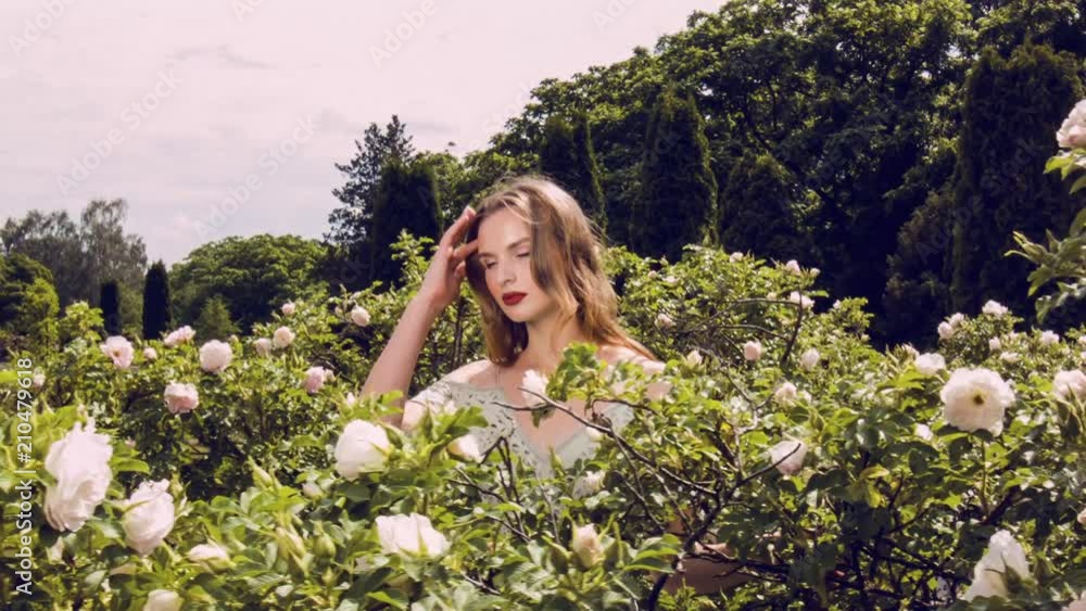 Beautiful young woman in flowers. Girl stands among the flowering white hips. Beautiful clean face of the girl. Red lips and light makeup.. Beautiful young woman in flowers. Girl stands among the flowering white hips. Beautiful clean face of the girl. Red lips and light makeup..