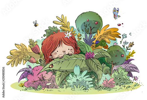 Obraz dziecko między roślinami i kwiatami