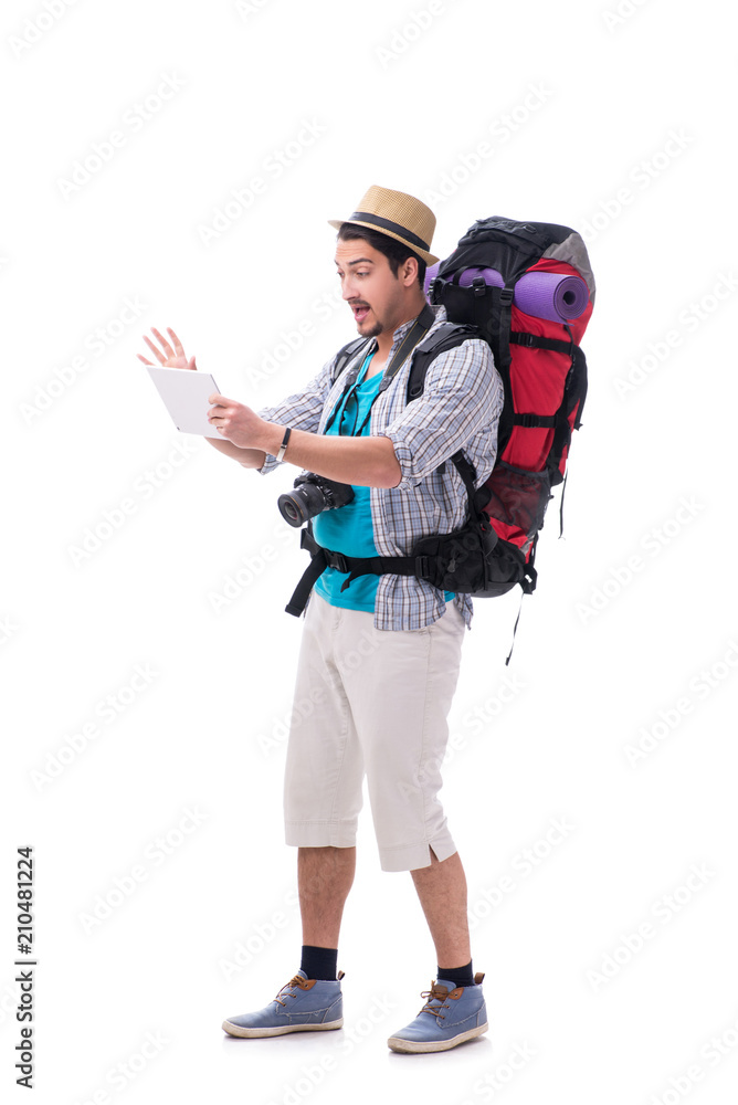 Man lost and looking for direction with map on white Man lost and looking for direction with map on white
