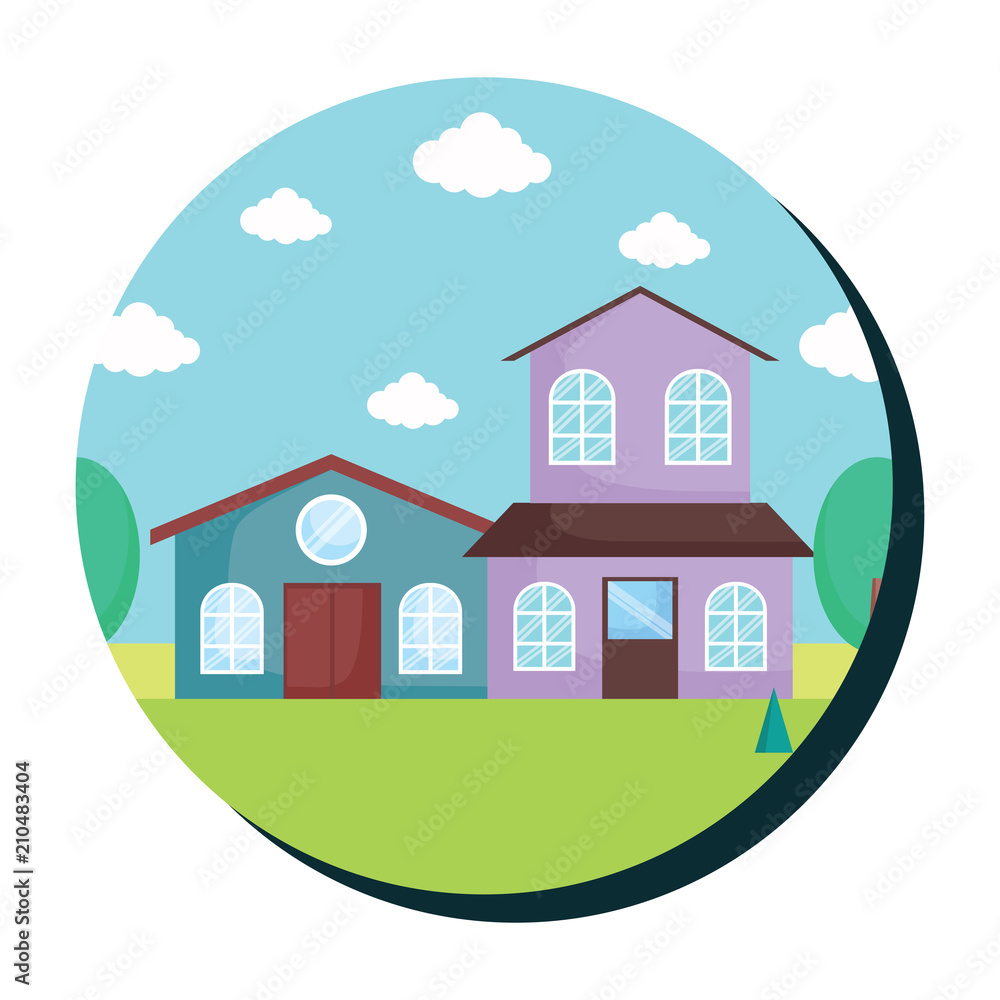 Decorative circular frame with landscape with modern houses over white background, colorful design. vector illustration Decorative circular frame with landscape with modern houses over white background, colorful design. vector illustration