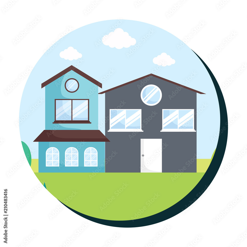 Frame in circle shape with traditional houses in a landscape over white background, colorful design. vector illustration
