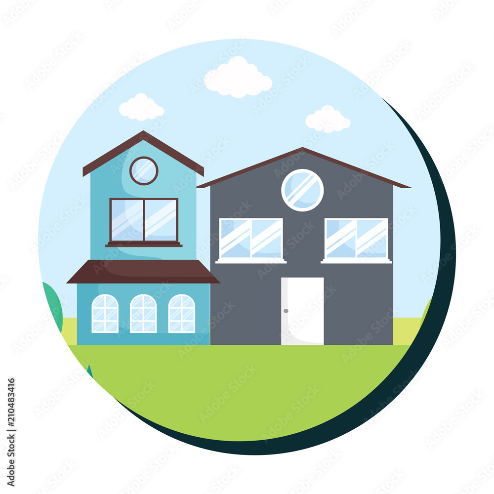Frame in circle shape with traditional houses in a landscape over white background, colorful design. vector illustration Frame in circle shape with traditional houses in a landscape over white background, colorful design. vector illustration