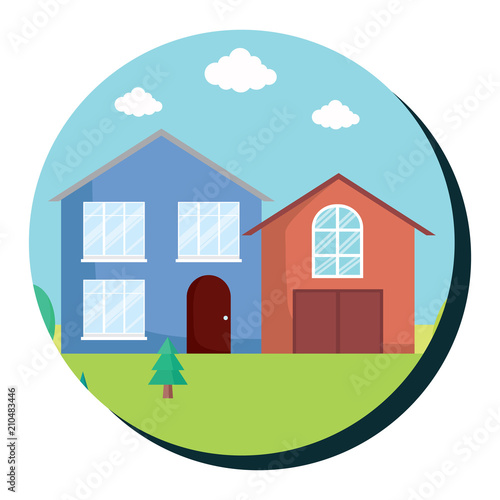 Frame in circle shape with traditional houses in a landscape over white background, colorful design. vector illustration