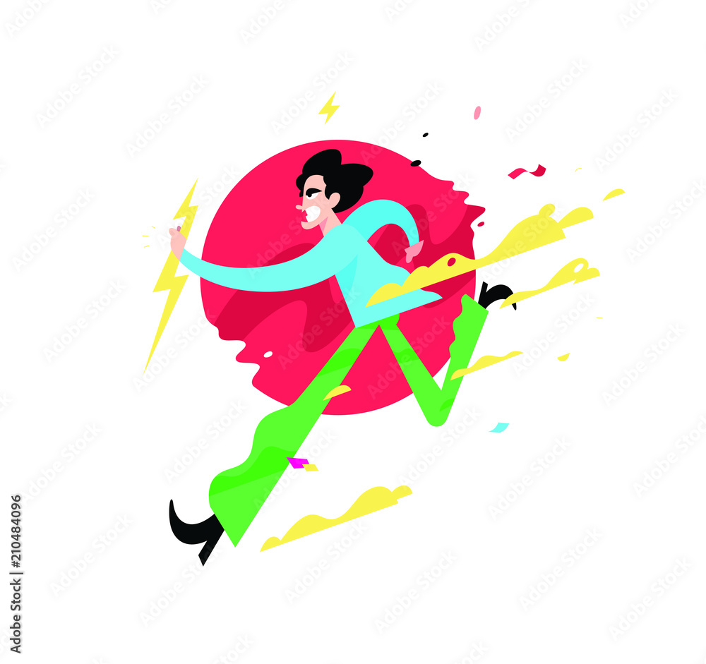 Illustration of a running evil guy. Vector illustration. A cute young man is running with heavenly lightning. The character of a male villain. Image is isolated on white background. Comic style. Illustration of a running evil guy. Vector illustration. A cute young man is running with heavenly lightning. The character of a male villain. Image is isolated on white background. Comic style.