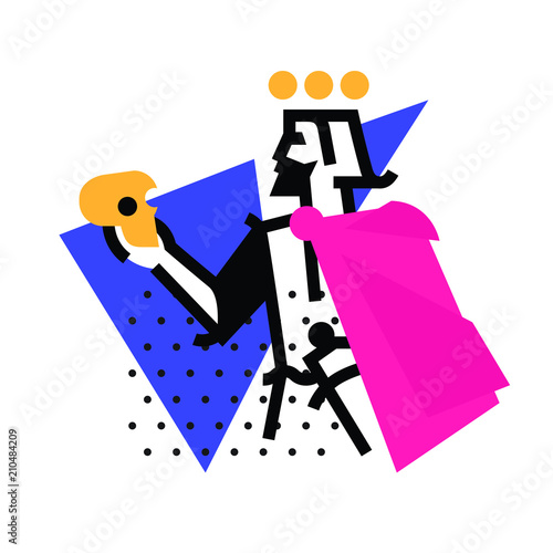 Logo for theatrical studio. Illustration of a Hamlet with a skull. The hero of the works of Shakespeare. Vector flat logo. The king's character on the stage. Corporate identity. Abstract modern logo.