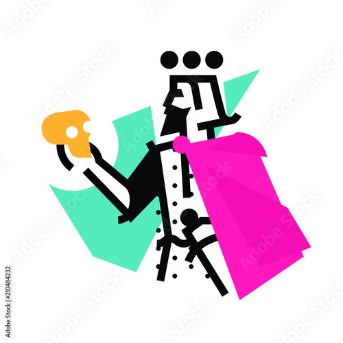 Logo for theatrical studio. Illustration of a Hamlet with a skull. The hero of the works of Shakespeare. Vector flat logo. The king's character on the stage. Corporate identity. Abstract modern logo.