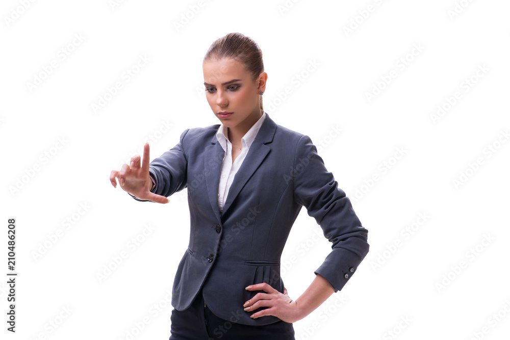 Young businesswoman pressing virtual button on white Young businesswoman pressing virtual button on white