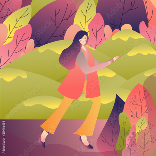 female walking alone enjoy refreshing outdoor nature in park spring. vector illustration drawing
