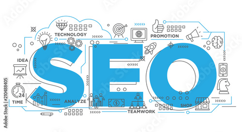 illustration of creative banner, digital marketing SEO asset for presentation or cover pictogram, abstract thin line icon. use for background and annual report cover. Searh Enggine Optimization.