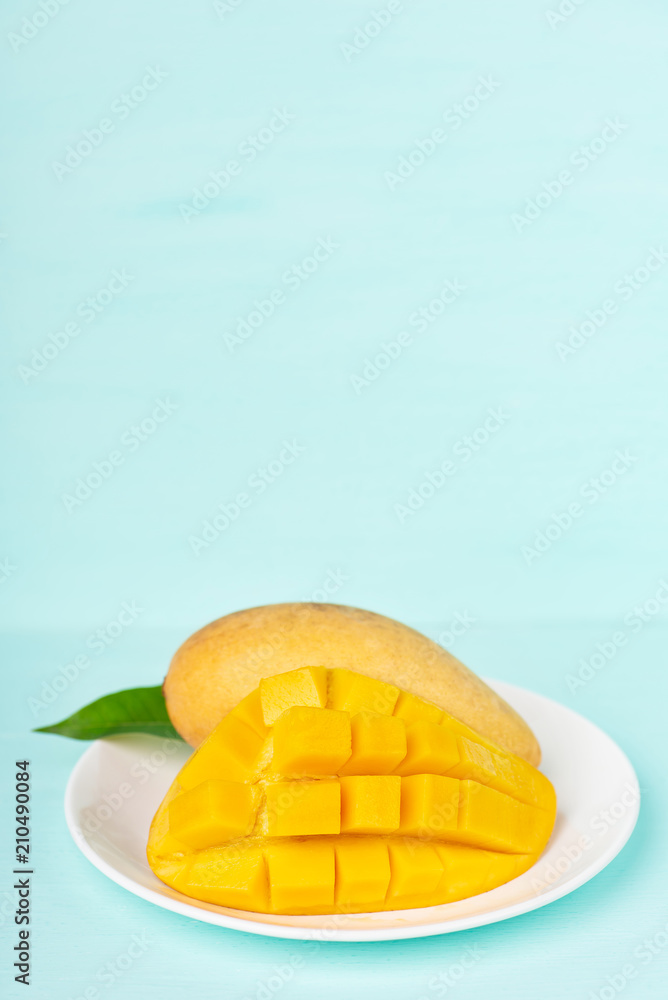 Slice mango fruit on white plate, Thai mango
