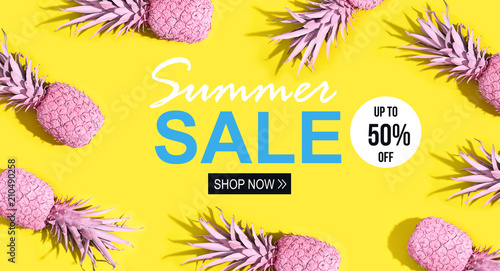 Obraz na plátně Summer sale with painted pineapples on a vivid yellow background
