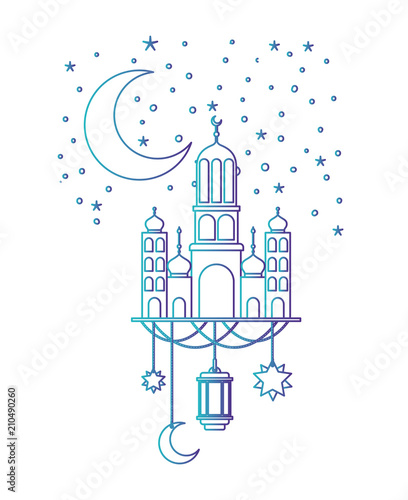 arabic castle with moon and decoration hanging in the night vector illustration