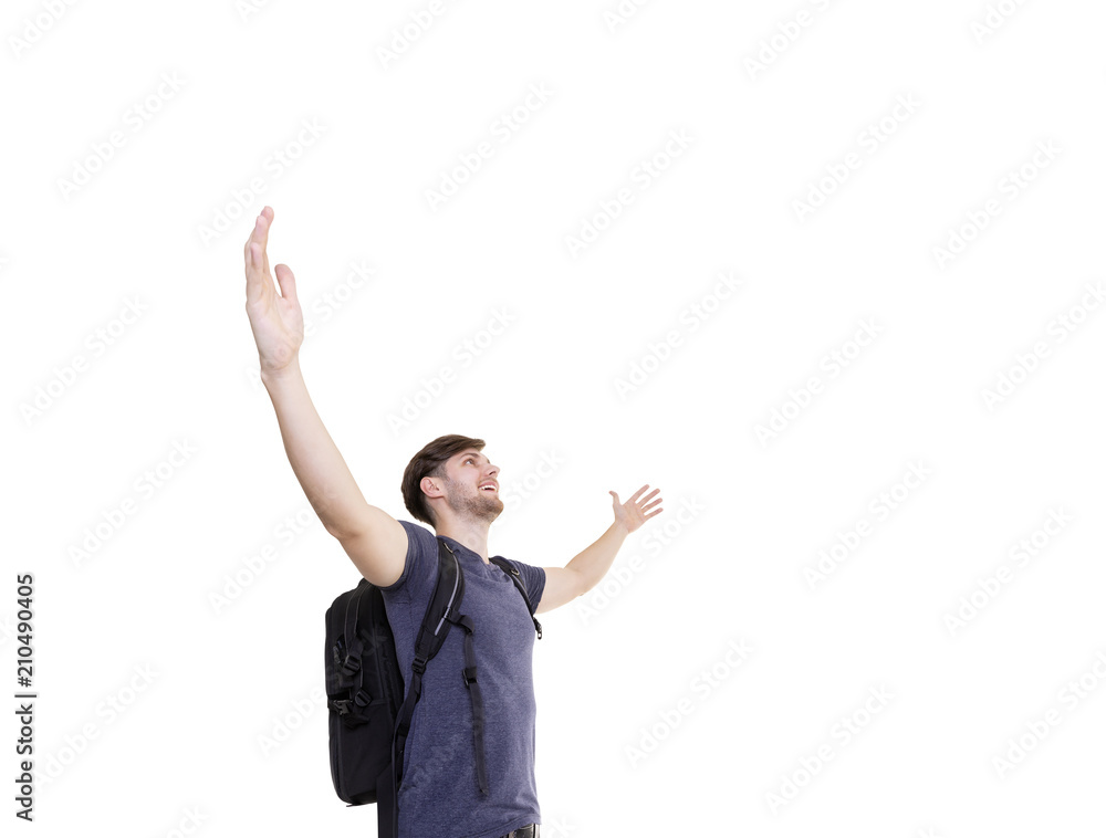 travel man posing with raised hands isolated on white background. travel man posing with raised hands isolated on white background.