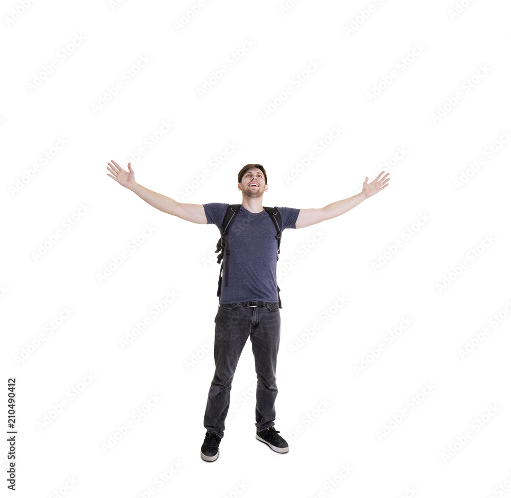 travel man posing with raised hands isolated on white background. travel man posing with raised hands isolated on white background.