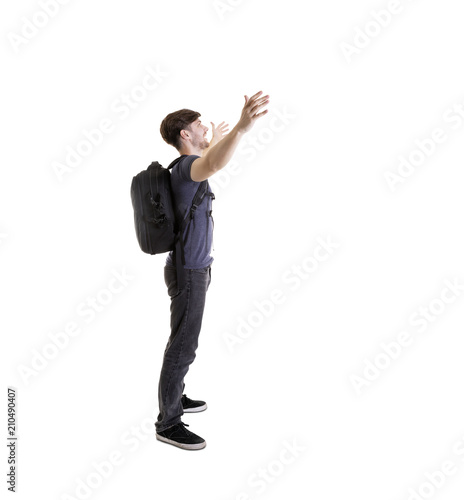 travel man  posing with raised hands isolated on white background.