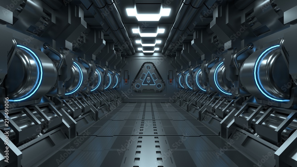 Blue light corridors interior design , sci-fi spaceship Future concept. 3D Rendering Blue light corridors interior design , sci-fi spaceship Future concept. 3D Rendering