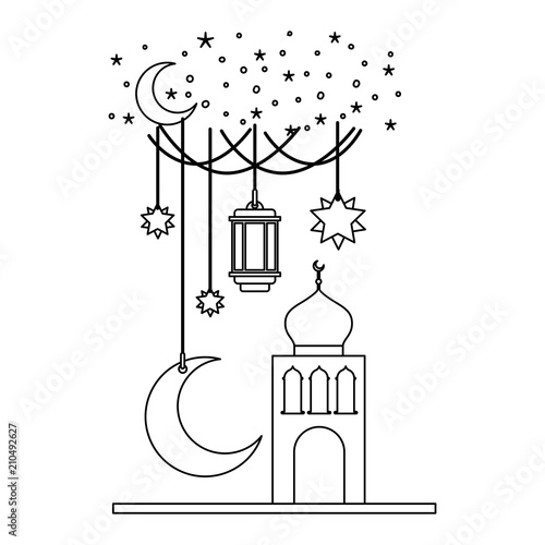 arabic castle with moon and decoration hanging vector illustration design