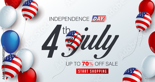 Independence day USA sale promotion banner template american balloons flag and Colorful Fireworks decor.4th of July celebration poster template.fourth of july voucher discount.Vector illustration .