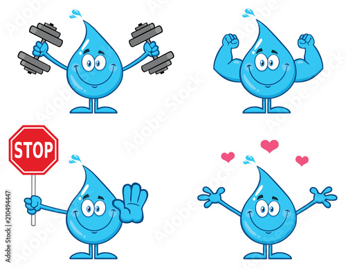Blue Water Drop Cartoon Mascot Character 2. Vector Collection Isolated On White Background