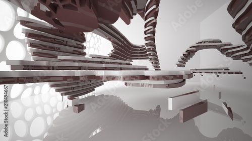 Abstract white and brown interior multilevel public space with window. 3D illustration and rendering.