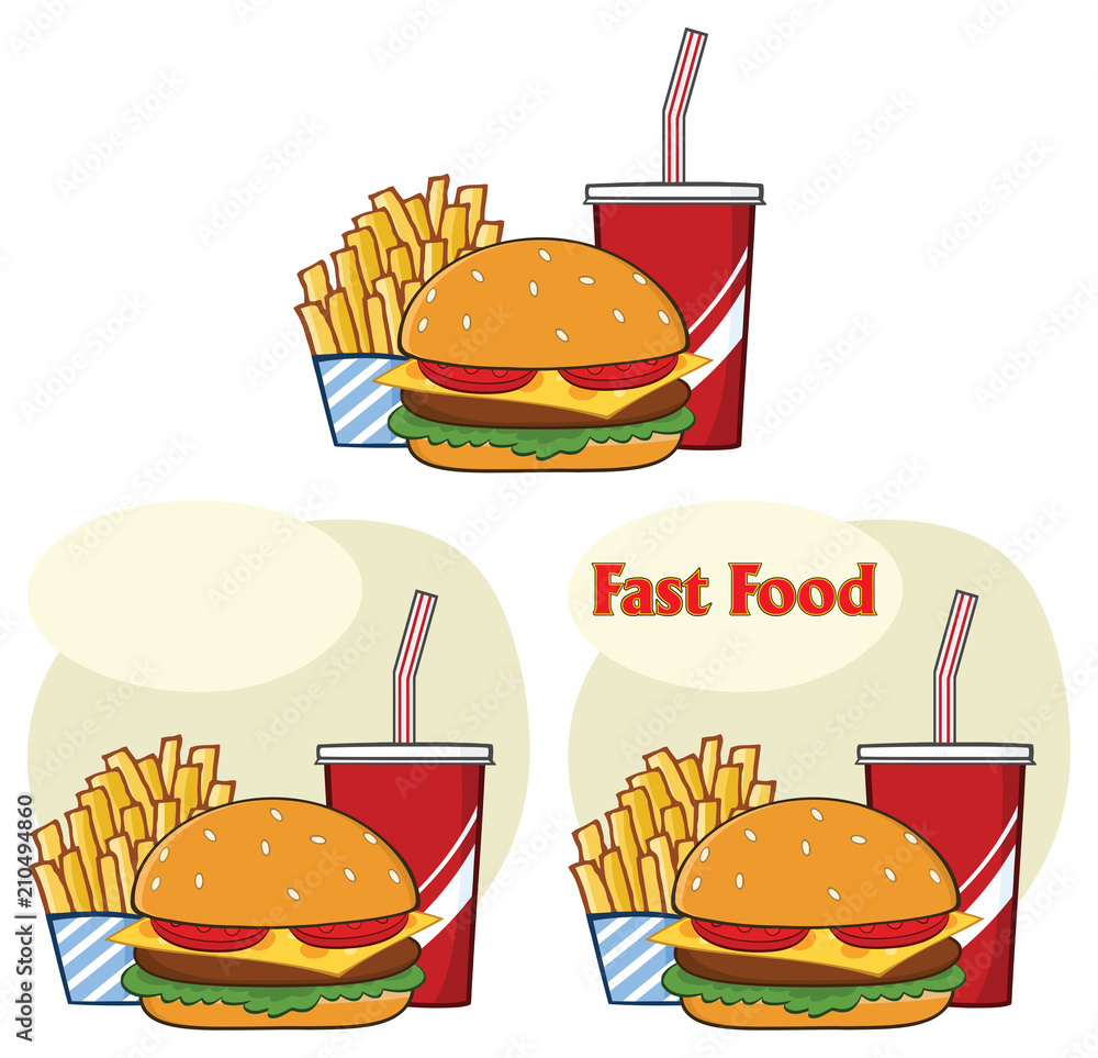 Fast Food Hamburger Drink And French Fries Cartoon Drawing Simple