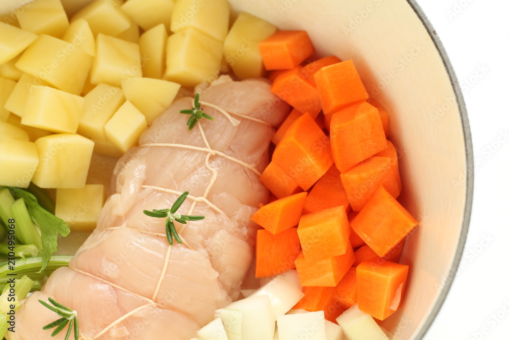 Prepared chicken stuff roll and cut vegetables Prepared chicken stuff roll and cut vegetables