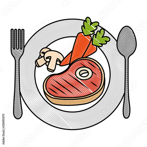 delicious beef steak with carrots and mushroom vector illustration design