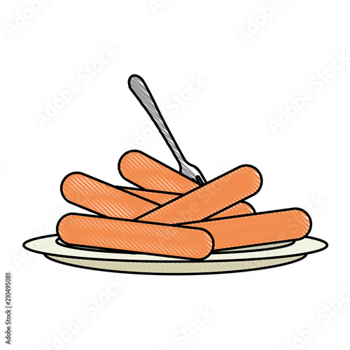 dish with delicious sausages and fork vector illustration design