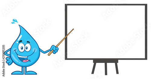 Talking Blue Water Drop Cartoon Mascot Character  Using A Pointer Stick During A Presentation