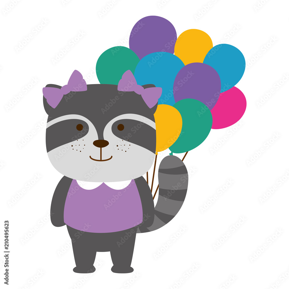 cute raccoon witth balloons helium character icon vector illustration design