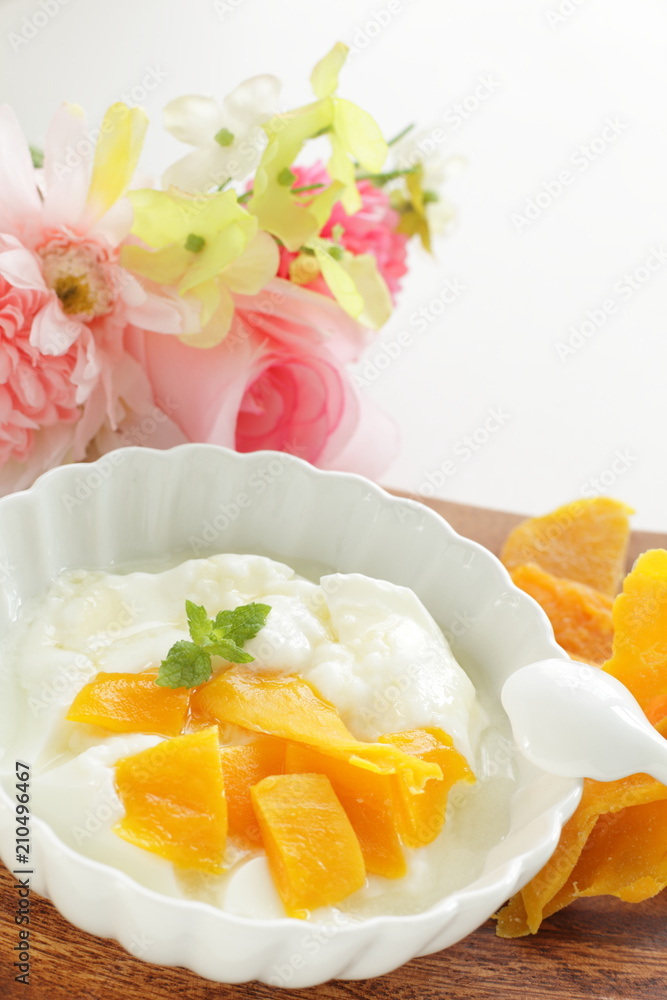 dried mango and mint on yogurt dried mango and mint on yogurt