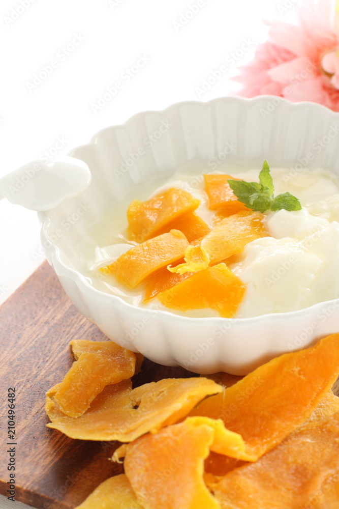 dried mango and mint on yogurt dried mango and mint on yogurt