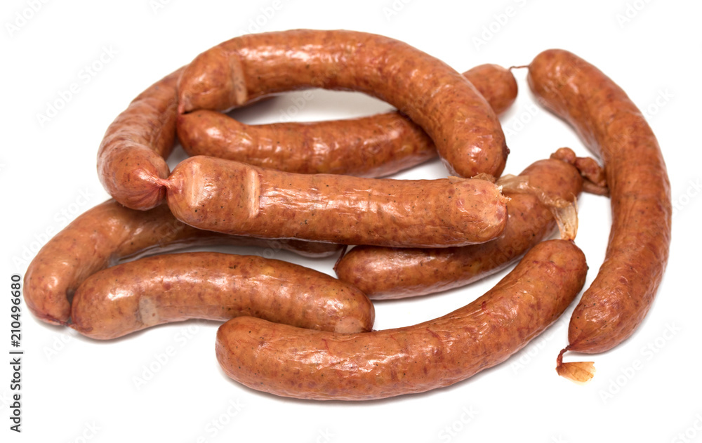 smoked sausages on a white background smoked sausages on a white background