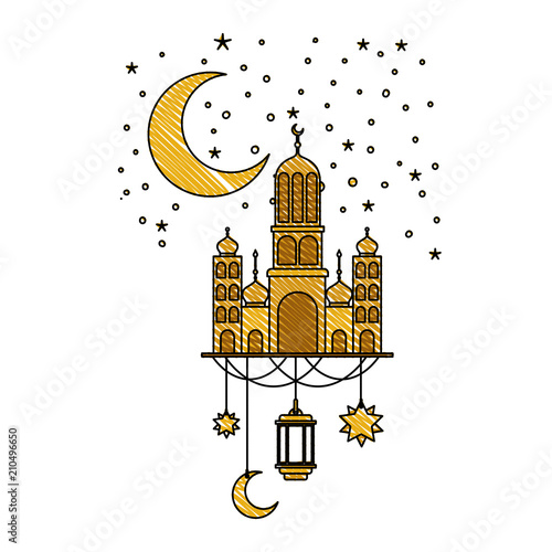 arabic castle with moon and decoration hanging in the night vector illustration