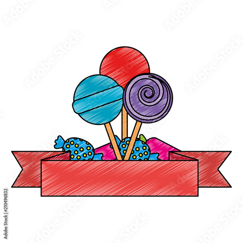 sweets lollipops and candies with ribbon vector illustration design