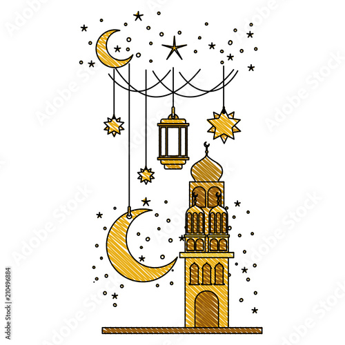 arabic castle with moon and decoration hanging in the night vector illustration